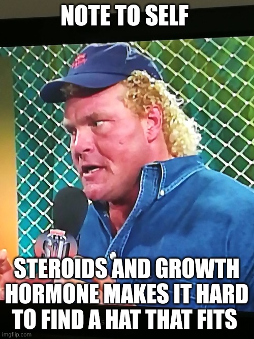 Hat | NOTE TO SELF; STEROIDS AND GROWTH HORMONE MAKES IT HARD TO FIND A HAT THAT FITS | image tagged in steroids | made w/ Imgflip meme maker