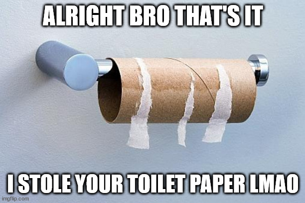 No More Toilet Paper | ALRIGHT BRO THAT'S IT I STOLE YOUR TOILET PAPER LMAO | image tagged in no more toilet paper | made w/ Imgflip meme maker