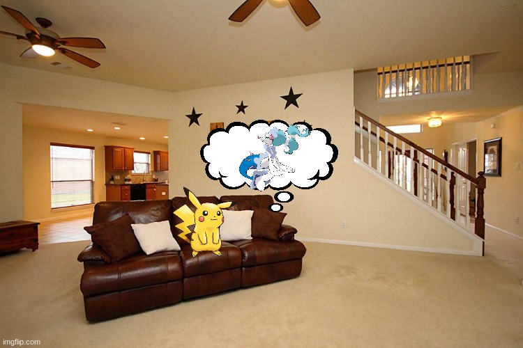 pikachu thinking about primarina | image tagged in living room ceiling fans,pokemon,pikachu,primarina | made w/ Imgflip meme maker