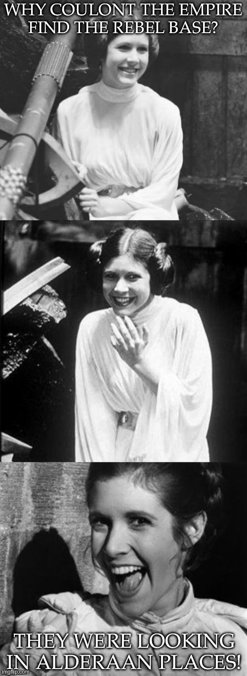 Punny Princess | WHY COULONT THE EMPIRE
FIND THE REBEL BASE? THEY WERE LOOKING IN ALDERAAN PLACES! | image tagged in princess leia puns,alderaan,rebel,rebels | made w/ Imgflip meme maker