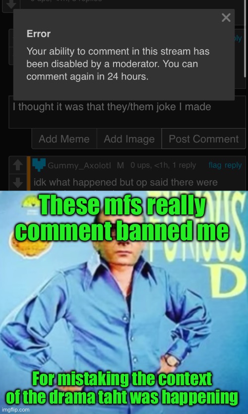 These mfs really comment banned me; For mistaking the context of the drama taht was happening | image tagged in furious d | made w/ Imgflip meme maker
