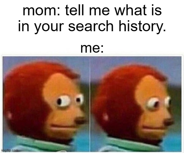 Monkey Puppet | mom: tell me what is in your search history. me: | image tagged in memes,monkey puppet | made w/ Imgflip meme maker