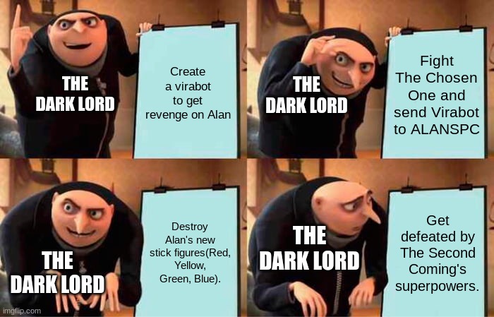Gru's Plan | Create a virabot to get revenge on Alan; Fight The Chosen One and send Virabot to ALANSPC; THE DARK LORD; THE DARK LORD; Destroy Alan's new stick figures(Red, Yellow, Green, Blue). Get defeated by The Second Coming's superpowers. THE DARK LORD; THE DARK LORD | image tagged in memes,gru's plan,animation | made w/ Imgflip meme maker