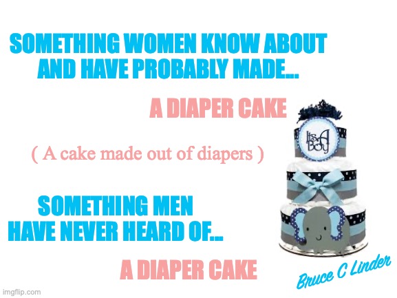 Diaper Cake | SOMETHING WOMEN KNOW ABOUT
AND HAVE PROBABLY MADE... A DIAPER CAKE; ( A cake made out of diapers ); SOMETHING MEN HAVE NEVER HEARD OF... A DIAPER CAKE; Bruce C Linder | image tagged in things women know,things men do not know,diaper cake,baby shower | made w/ Imgflip meme maker