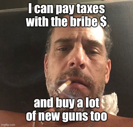 Hunter Biden | I can pay taxes with the bribe $ and buy a lot of new guns too | image tagged in hunter biden | made w/ Imgflip meme maker