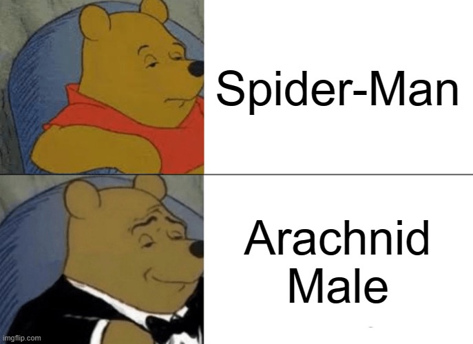 I mean I guess it works -_- | Spider-Man; Arachnid Male | image tagged in memes,tuxedo winnie the pooh | made w/ Imgflip meme maker
