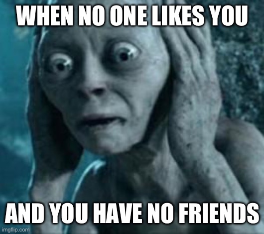 Scared Gollum | WHEN NO ONE LIKES YOU; AND YOU HAVE NO FRIENDS | image tagged in scared gollum | made w/ Imgflip meme maker