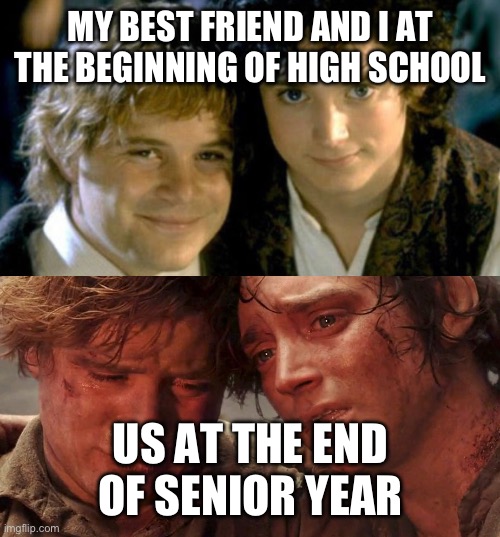 Sam and Frodo Before and After Mt Doom | MY BEST FRIEND AND I AT THE BEGINNING OF HIGH SCHOOL; US AT THE END OF SENIOR YEAR | image tagged in sam and frodo before and after mt doom | made w/ Imgflip meme maker