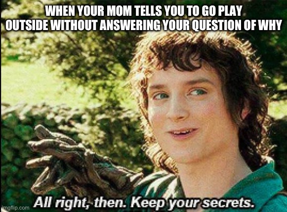 Keep your secrets | WHEN YOUR MOM TELLS YOU TO GO PLAY OUTSIDE WITHOUT ANSWERING YOUR QUESTION OF WHY | image tagged in keep your secrets | made w/ Imgflip meme maker
