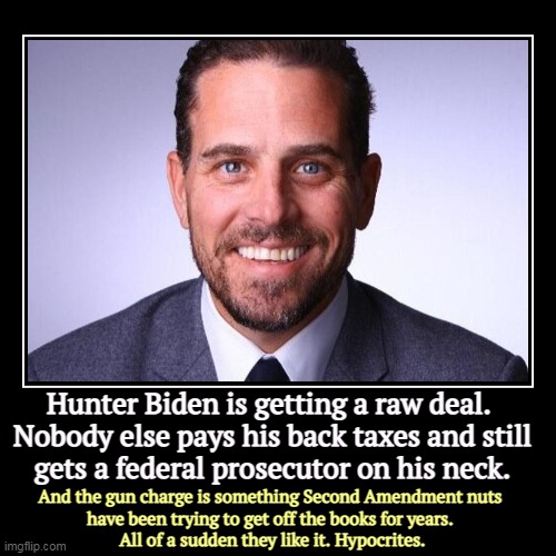 This is what selective prosecution really looks like, not that Everlasting Trump Pity Party stuff. | Hunter Biden is getting a raw deal. 
Nobody else pays his back taxes and still
gets a federal prosecutor on his neck. | And the gun charge i | image tagged in funny,demotivationals,hunter biden,taxes,guns | made w/ Imgflip demotivational maker