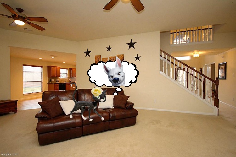mittens thinking about her husband | image tagged in living room ceiling fans,disney,bolt,cats,dogs | made w/ Imgflip meme maker