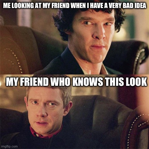 No Sh*t Sherlock (BBC) | ME LOOKING AT MY FRIEND WHEN I HAVE A VERY BAD IDEA; MY FRIEND WHO KNOWS THIS LOOK | image tagged in no sh t sherlock bbc | made w/ Imgflip meme maker