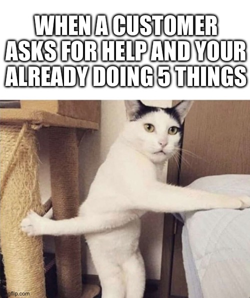 This happened to a guy at Walmart and when the lady turned around, he looked really mad | WHEN A CUSTOMER ASKS FOR HELP AND YOUR ALREADY DOING 5 THINGS | image tagged in fun,grumpy cat,help | made w/ Imgflip meme maker