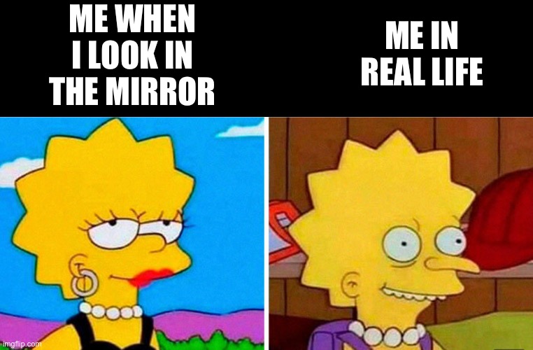 This is not true about me, so don’t start commenting saying I’m ugly | ME WHEN I LOOK IN THE MIRROR; ME IN REAL LIFE | image tagged in funny,the simpsons,lisa simpson | made w/ Imgflip meme maker