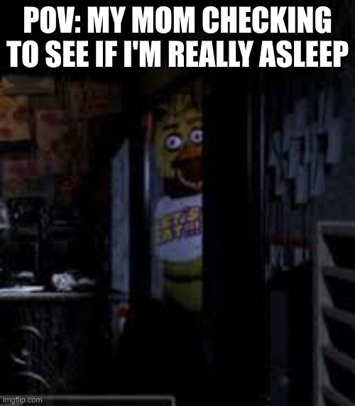 Chica Looking In Window FNAF | POV: MY MOM CHECKING TO SEE IF I'M REALLY ASLEEP | image tagged in chica looking in window fnaf | made w/ Imgflip meme maker