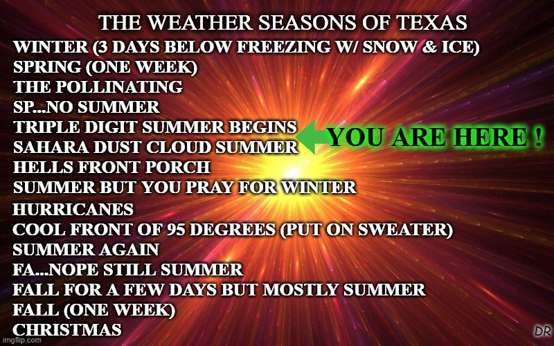 The Weather Seasons of Texas | THE WEATHER SEASONS OF TEXAS; WINTER (3 DAYS BELOW FREEZING W/ SNOW & ICE)
SPRING (ONE WEEK)
THE POLLINATING
SP...NO SUMMER
TRIPLE DIGIT SUMMER BEGINS
SAHARA DUST CLOUD SUMMER
HELLS FRONT PORCH
SUMMER BUT YOU PRAY FOR WINTER; YOU ARE HERE ! HURRICANES
COOL FRONT OF 95 DEGREES (PUT ON SWEATER)
SUMMER AGAIN
FA...NOPE STILL SUMMER
FALL FOR A FEW DAYS BUT MOSTLY SUMMER
FALL (ONE WEEK)
CHRISTMAS; DR | image tagged in texas,weather,summer | made w/ Imgflip meme maker