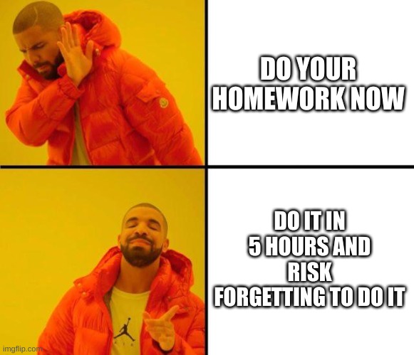 This is literally everybody I know | DO YOUR HOMEWORK NOW; DO IT IN 5 HOURS AND RISK FORGETTING TO DO IT | image tagged in drake meme | made w/ Imgflip meme maker