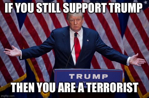 Donald Trump | IF YOU STILL SUPPORT TRUMP; THEN YOU ARE A TERRORIST | image tagged in donald trump | made w/ Imgflip meme maker