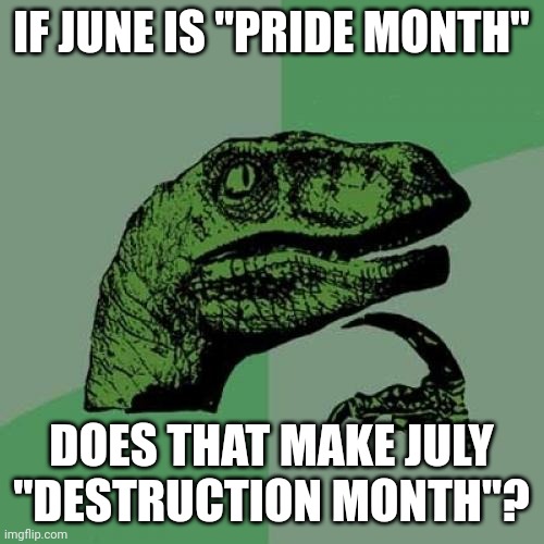 Oop | IF JUNE IS "PRIDE MONTH"; DOES THAT MAKE JULY "DESTRUCTION MONTH"? | image tagged in memes,philosoraptor | made w/ Imgflip meme maker