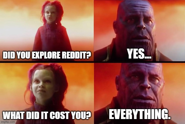 thanos what did it cost | DID YOU EXPLORE REDDIT? YES... WHAT DID IT COST YOU? EVERYTHING. | image tagged in thanos what did it cost,reddit | made w/ Imgflip meme maker