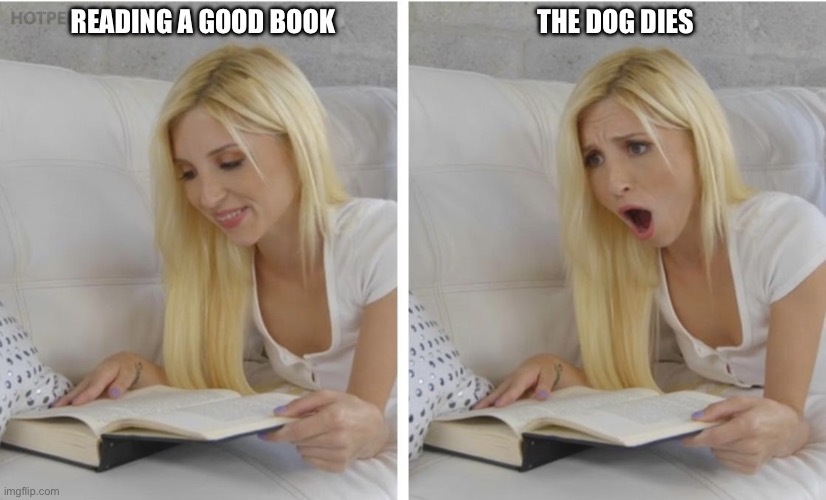 Good books can be sad too | READING A GOOD BOOK; THE DOG DIES | image tagged in surprised reading girl | made w/ Imgflip meme maker