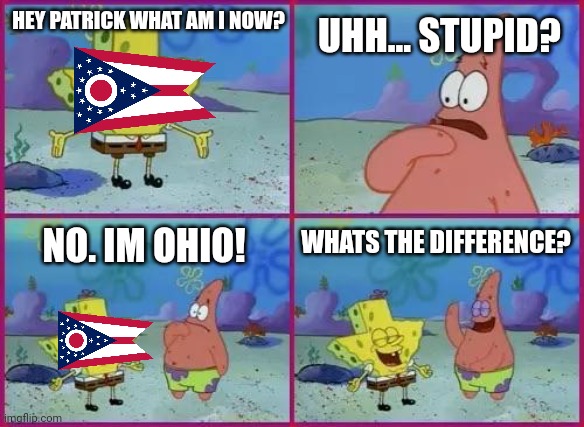 Texas Spongebob | HEY PATRICK WHAT AM I NOW? UHH... STUPID? NO. IM OHIO! WHATS THE DIFFERENCE? | image tagged in texas spongebob | made w/ Imgflip meme maker