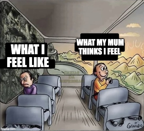 two guys on a bus | WHAT MY MUM THINKS I FEEL; WHAT I FEEL LIKE | image tagged in two guys on a bus | made w/ Imgflip meme maker