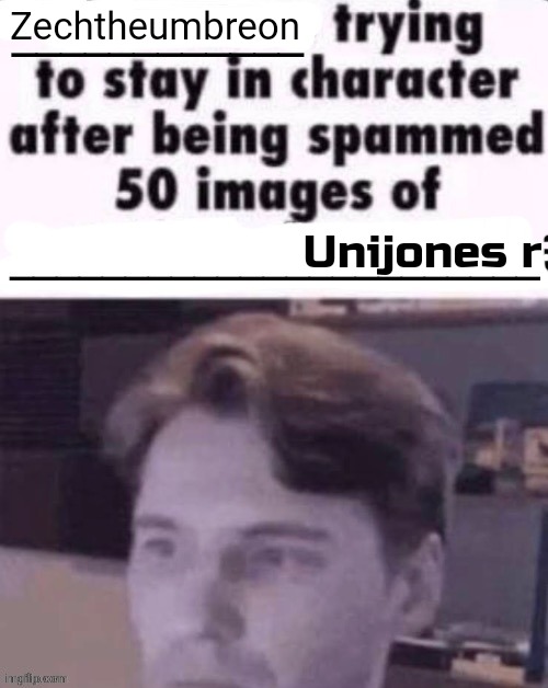 X trying to stay in character after being spammed 50 images of Y | Zechtheumbreon Unijones r | image tagged in x trying to stay in character after being spammed 50 images of y | made w/ Imgflip meme maker