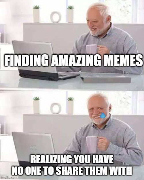 Hide the Pain Harold | FINDING AMAZING MEMES; REALIZING YOU HAVE NO ONE TO SHARE THEM WITH | image tagged in memes,hide the pain harold | made w/ Imgflip meme maker