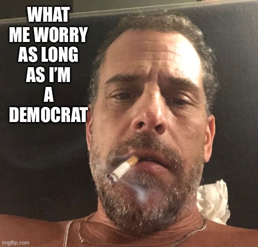 Hunter Biden | WHAT 
ME WORRY 
AS LONG 
AS I’M 
A 
DEMOCRAT | image tagged in hunter biden | made w/ Imgflip meme maker