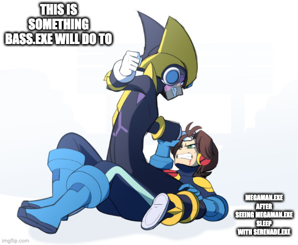 Bass.EXE Beating The Shit Out of MegaMan.EXE | THIS IS SOMETHING BASS.EXE WILL DO TO; MEGAMAN.EXE AFTER SEEING MEGAMAN.EXE SLEEP WITH SERENADE.EXE | image tagged in bassexe,megamanexe,memes,megaman,megaman battle network | made w/ Imgflip meme maker