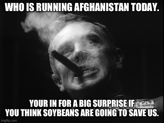 General Ripper (Dr. Strangelove) | WHO IS RUNNING AFGHANISTAN TODAY. YOUR IN FOR A BIG SURPRISE IF YOU THINK SOYBEANS ARE GOING TO SAVE US. | image tagged in general ripper dr strangelove | made w/ Imgflip meme maker