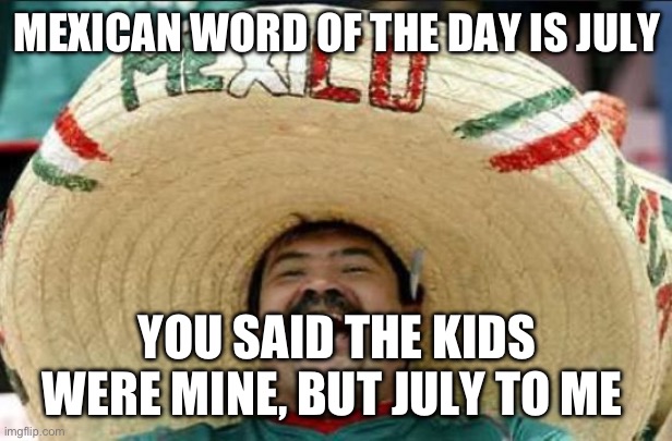 mexican word of the day | MEXICAN WORD OF THE DAY IS JULY; YOU SAID THE KIDS WERE MINE, BUT JULY TO ME | image tagged in mexican word of the day | made w/ Imgflip meme maker