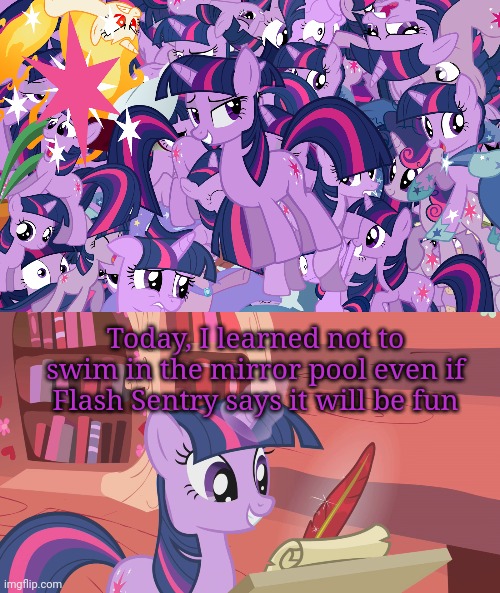 Friendship lesson learned | Today, I learned not to swim in the mirror pool even if Flash Sentry says it will be fun | image tagged in friendship,lesson,mlp,twilight sparkle,clones | made w/ Imgflip meme maker