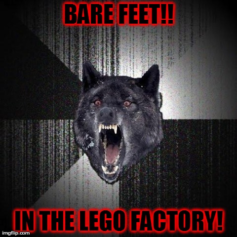 Insanity Wolf | BARE FEET!! IN THE LEGO FACTORY! | image tagged in memes,insanity wolf | made w/ Imgflip meme maker