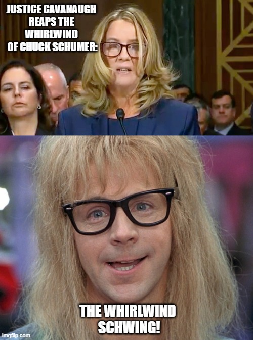 Party Time, Excellent | JUSTICE CAVANAUGH 
REAPS THE 
WHIRLWIND 
OF CHUCK SCHUMER:; THE WHIRLWIND 
SCHWING! | image tagged in garth wayne s world,supreme court,chuck schumer,amy schumer,adam schiff,hunter biden | made w/ Imgflip meme maker