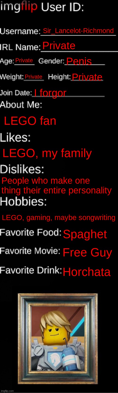 imgflip ID Card | Sir_Lancelot-Richmond; Private; Private; Penis; Private; Private; I forgor; LEGO fan; LEGO, my family; People who make one thing their entire personality; LEGO, gaming, maybe songwriting; Spaghet; Free Guy; Horchata | image tagged in imgflip id card | made w/ Imgflip meme maker