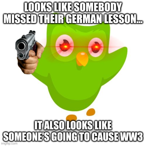 Duolingo is now Hitler | LOOKS LIKE SOMEBODY MISSED THEIR GERMAN LESSON... IT ALSO LOOKS LIKE SOMEONE'S GOING TO CAUSE WW3 | image tagged in funny memes,duolingo gun,hitler,ww3 | made w/ Imgflip meme maker