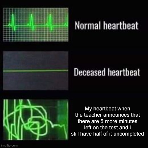 I dont have enough time!! | My heartbeat when the teacher announces that there are 5 more minutes left on the test and i still have half of it uncompleted | image tagged in heartbeat rate,memes,funny,school,relatable,test | made w/ Imgflip meme maker