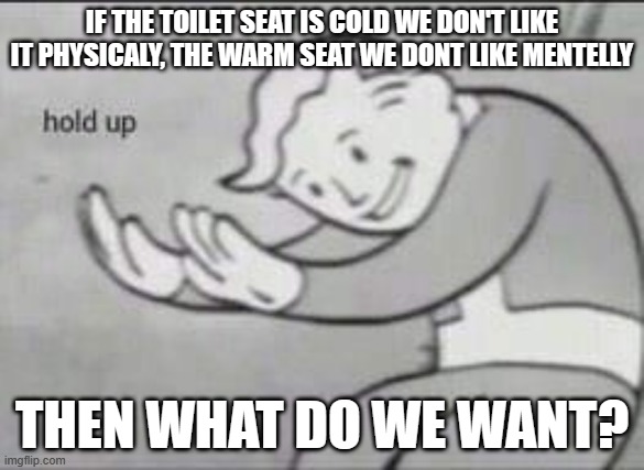 the toilet seat | IF THE TOILET SEAT IS COLD WE DON'T LIKE IT PHYSICALY, THE WARM SEAT WE DONT LIKE MENTELLY; THEN WHAT DO WE WANT? | image tagged in fallout hold up | made w/ Imgflip meme maker