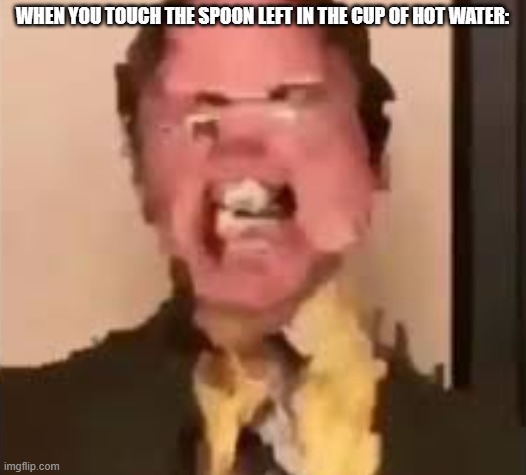 Dwight Screaming | WHEN YOU TOUCH THE SPOON LEFT IN THE CUP OF HOT WATER: | image tagged in dwight screaming | made w/ Imgflip meme maker