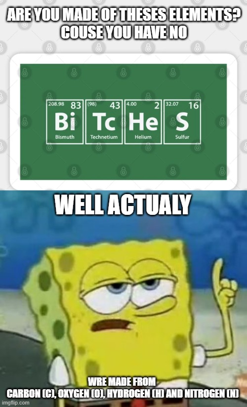 ARE YOU MADE OF THESES ELEMENTS?
COUSE YOU HAVE NO; WELL ACTUALY; WRE MADE FROM 
CARBON (C), OXYGEN (O), HYDROGEN (H) AND NITROGEN (N) | image tagged in memes,i'll have you know spongebob | made w/ Imgflip meme maker