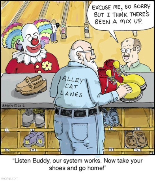 Mix up at the Bowling alley | image tagged in bowling,mix up,wrong shoes,system works,comics | made w/ Imgflip meme maker
