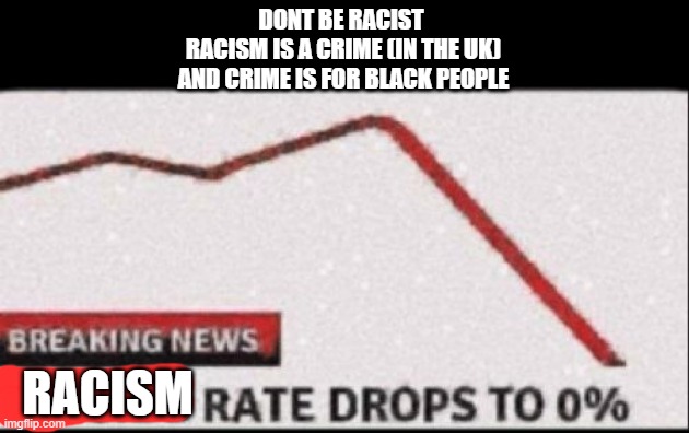 NEVER AGAIN :O | DONT BE RACIST 
RACISM IS A CRIME (IN THE UK)
AND CRIME IS FOR BLACK PEOPLE; RACISM | image tagged in suicide rate drops to zero | made w/ Imgflip meme maker