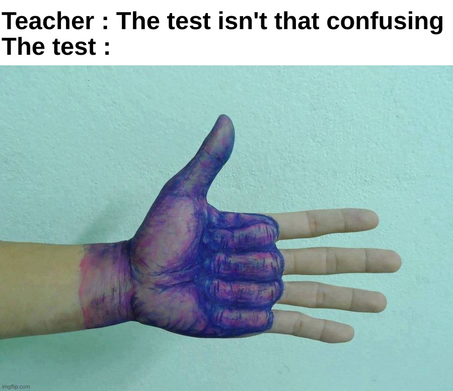 Satisfying, confusing, or both ? | Teacher : The test isn't that confusing
The test : | image tagged in memes,funny,relatable,tests,confusing,front page plz | made w/ Imgflip meme maker