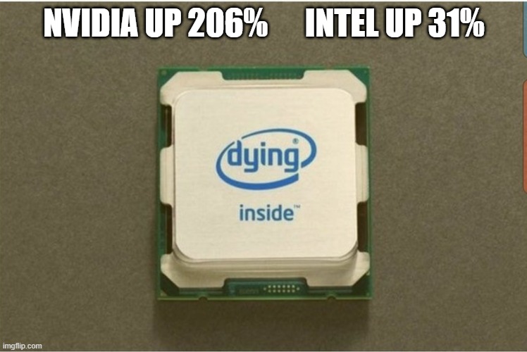 Year to date | NVIDIA UP 206%      INTEL UP 31% | image tagged in cpu dying inside,stocks,stock market,semiconductors | made w/ Imgflip meme maker
