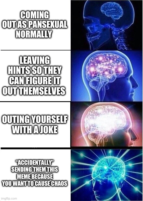 Expanding Brain | COMING OUT AS PANSEXUAL NORMALLY; LEAVING HINTS SO THEY CAN FIGURE IT OUT THEMSELVES; OUTING YOURSELF WITH A JOKE; “ACCIDENTALLY” SENDING THEM THIS MEME BECAUSE YOU WANT TO CAUSE CHAOS | image tagged in memes,expanding brain | made w/ Imgflip meme maker