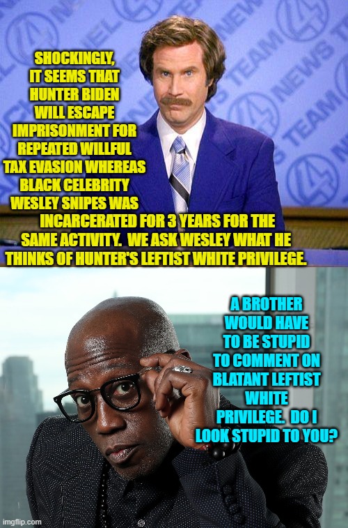It's not privilege if 'connected' White leftists do it! | SHOCKINGLY, IT SEEMS THAT HUNTER BIDEN WILL ESCAPE IMPRISONMENT FOR REPEATED WILLFUL TAX EVASION WHEREAS BLACK CELEBRITY WESLEY SNIPES WAS; INCARCERATED FOR 3 YEARS FOR THE SAME ACTIVITY.  WE ASK WESLEY WHAT HE THINKS OF HUNTER'S LEFTIST WHITE PRIVILEGE. A BROTHER WOULD HAVE TO BE STUPID TO COMMENT ON BLATANT LEFTIST WHITE PRIVILEGE.  DO I LOOK STUPID TO YOU? | image tagged in anchorman news update | made w/ Imgflip meme maker