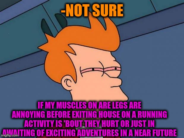 -Muscle tone. | -NOT SURE; IF MY MUSCLES ON ARE LEGS ARE ANNOYING BEFORE EXITING HOUSE ON A RUNNING ACTIVITY IS 'BOUT THEY HURT OR JUST IN AWAITING OF EXCITING ADVENTURES IN A NEAR FUTURE | image tagged in stoned fry,muscles,not sure if- fry,adventure time,sorry i annoyed you,officer earl running | made w/ Imgflip meme maker