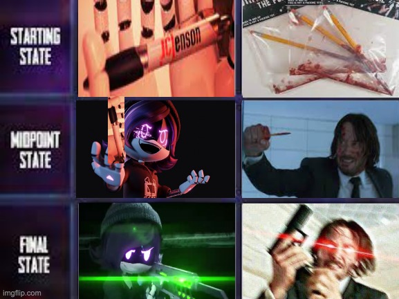 Random thing based on a joke MU I made a while ago | image tagged in death battle fight progression,murder drones,john wick,pencil,pen,memes | made w/ Imgflip meme maker